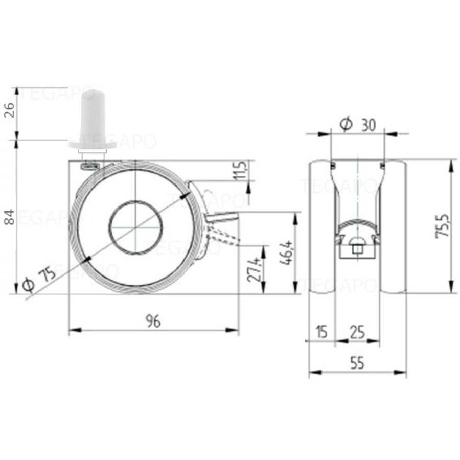 PAPU HIGH wiel 75mm plug rond kunststof 13mm met rem-3