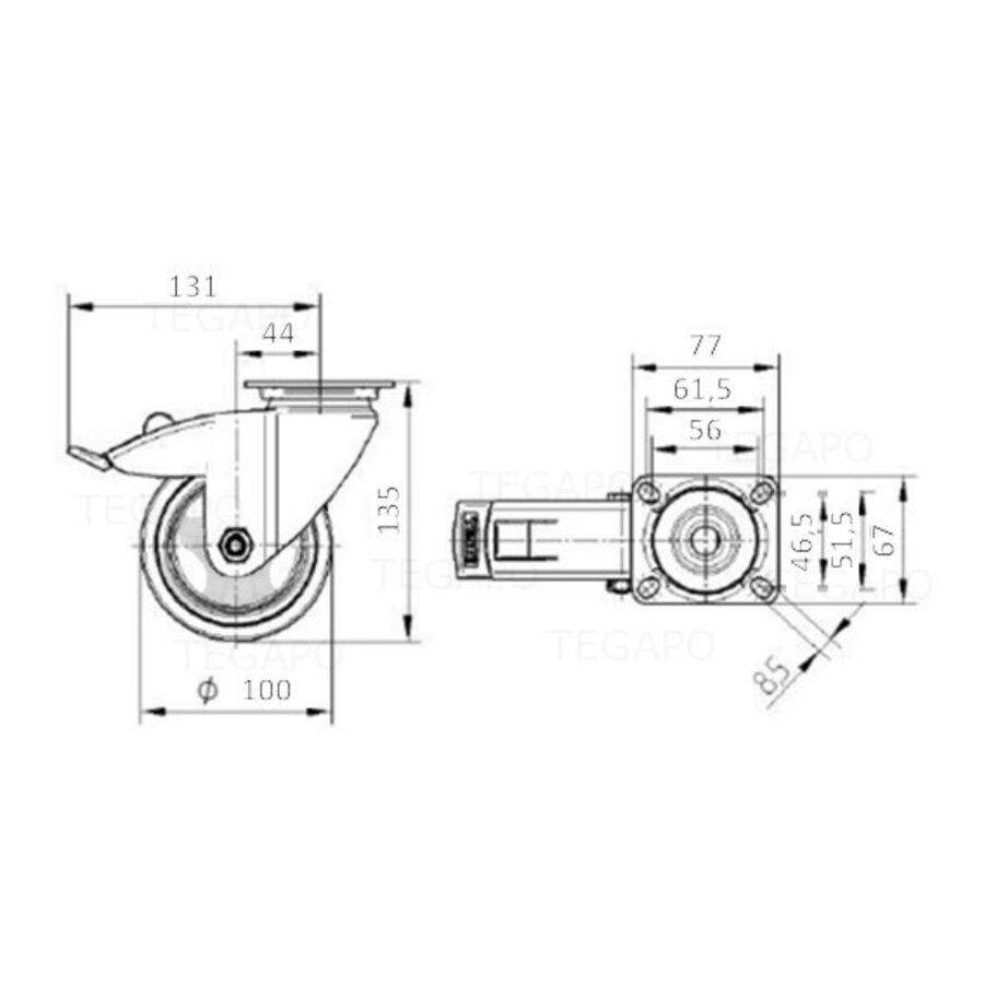 TENTE zwenkwiel unilast rubber 100 3KS plaat met rem-2