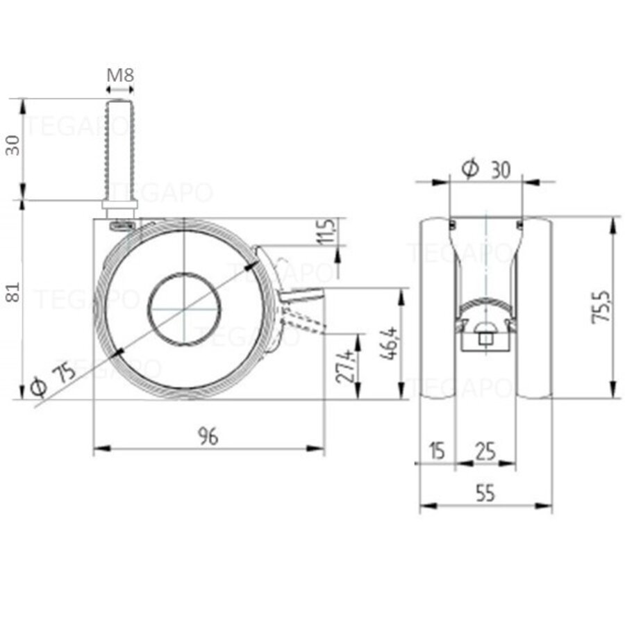 PAPU HIGH wiel 75mm bout M8x30 met rem-3