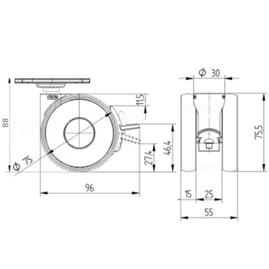 PAPU HIGH wiel 75mm plaat 42x42mm met rem-3
