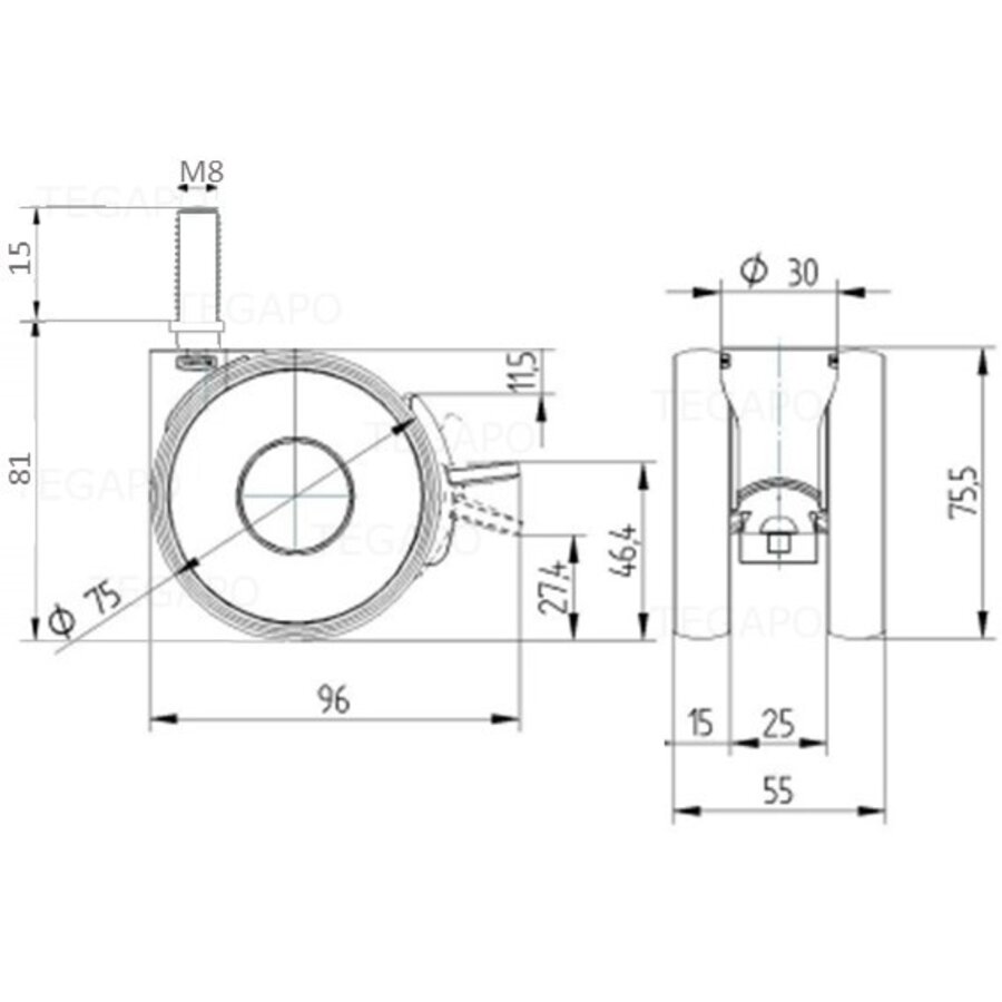 PAPU HIGH wiel 75mm bout M8x15 met rem-3
