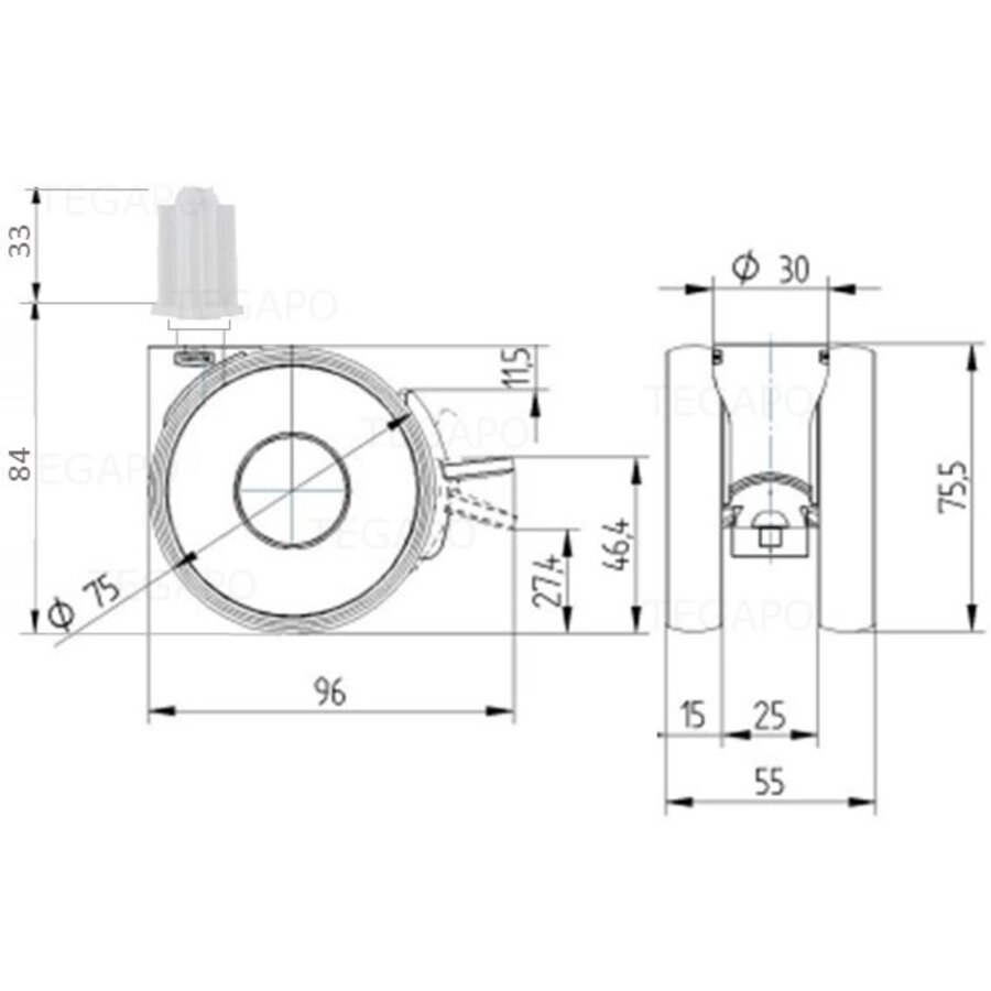 PAPU HIGH wiel 75mm plug vierkant 23mm met rem-3