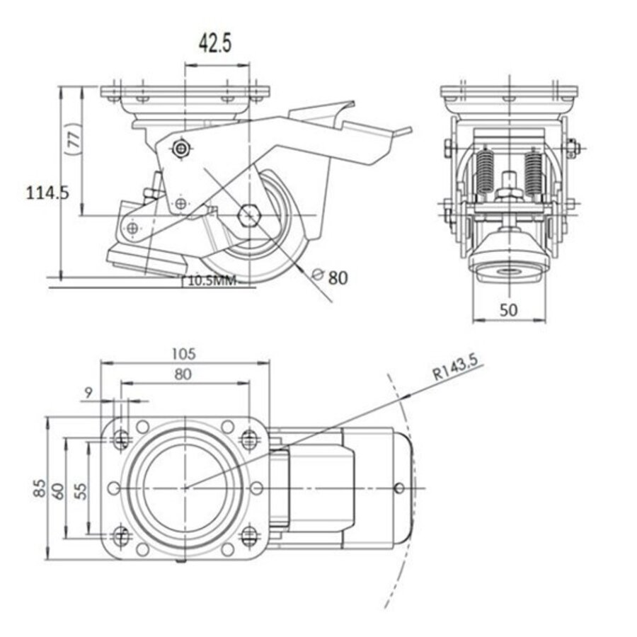 Hef zwenkwiel met stelvoet nylon 80mm-2
