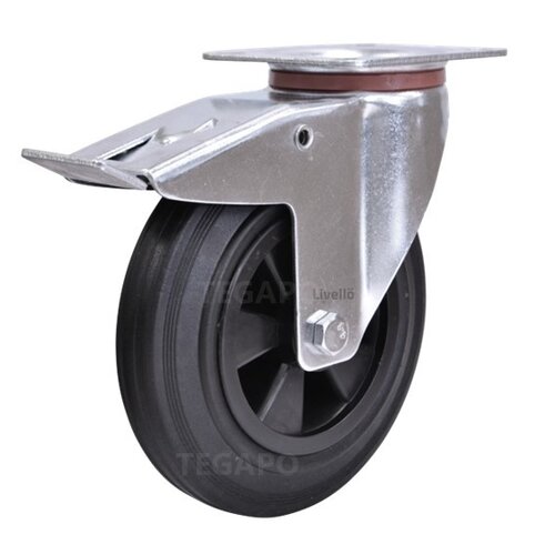 EdelRader zwenkwiel rubber 200mm 2KO plaat met rem 