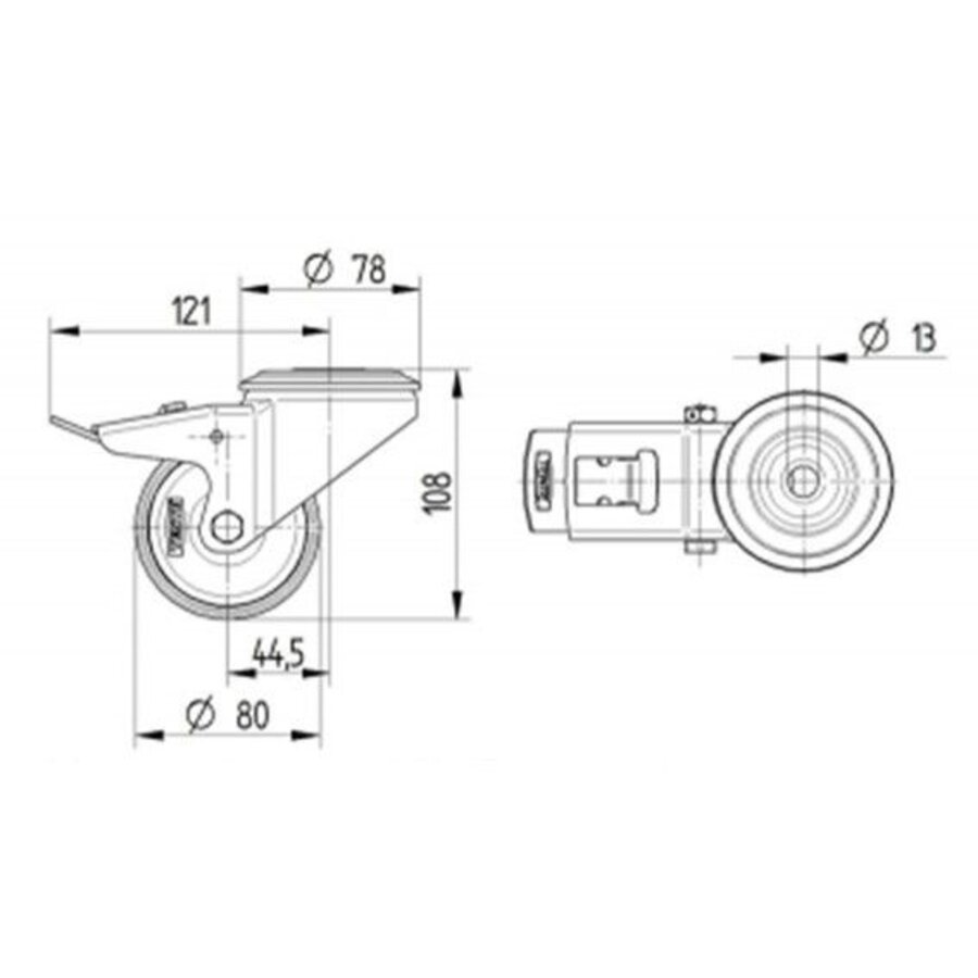 Zwenkwiel nylon 3NOP grijs 80mm boutgat met rem-2