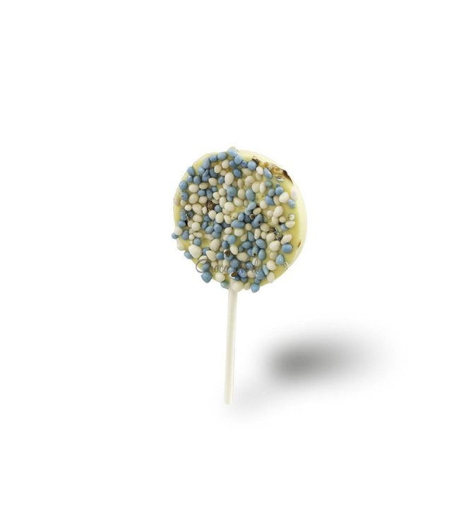 Chocolade lollys met blauwe muisjes