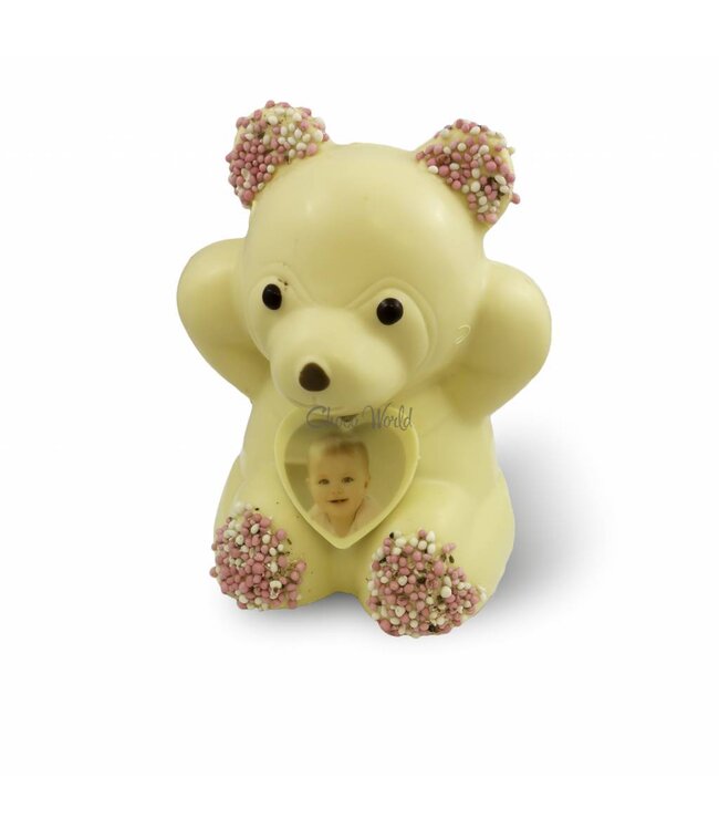 Chocolade beer met foto & roze muisjes