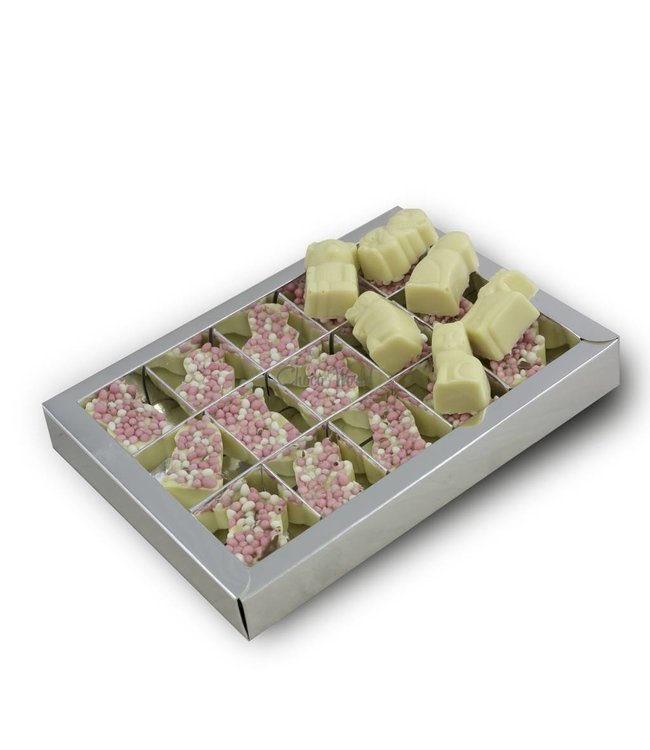 Chocolade dieren geboorte met roze muisjes