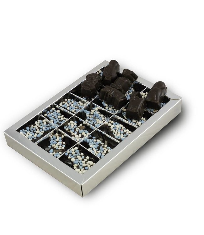 Chocolade dieren met blauwe muisjes