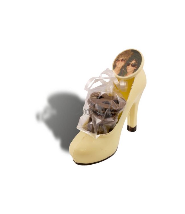 Chocolade damesschoen met fotorondje logo