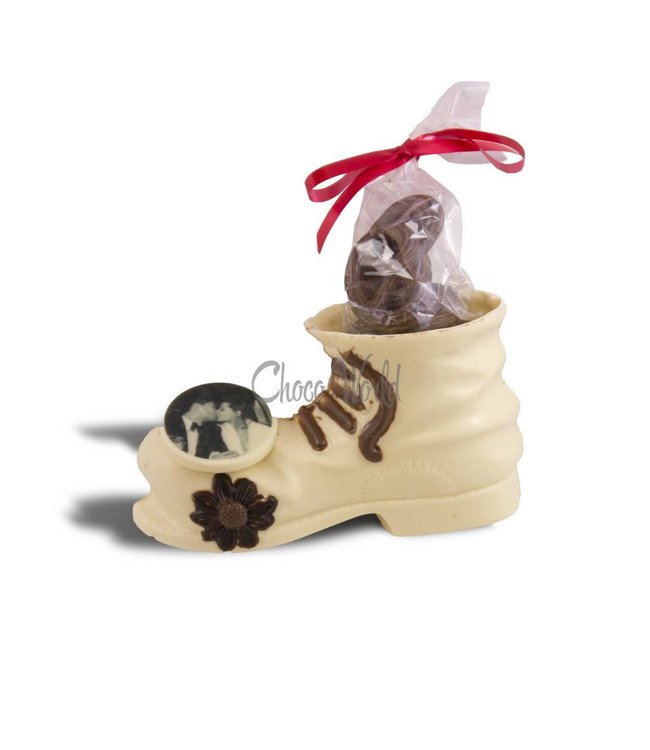Chocolade werkschoen met fotorondje logo