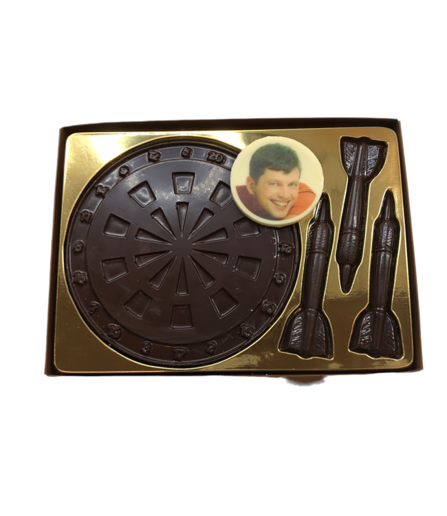 Chocolade dart set met foto logo