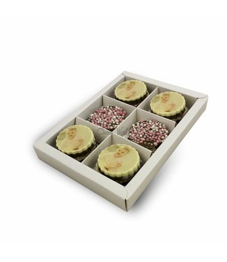 Chocolade medaillons melk met roze muisjes