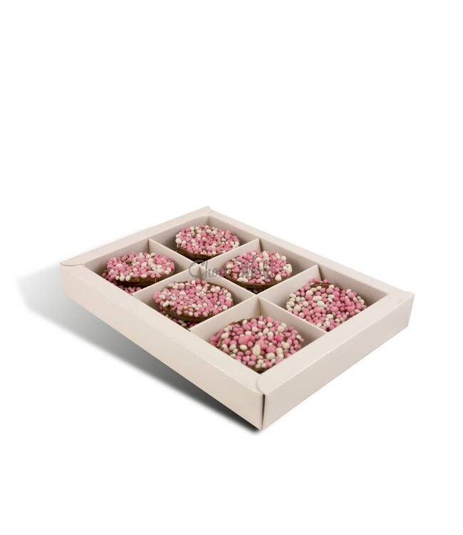 Chocolade geboorte flikken met roze muisjes
