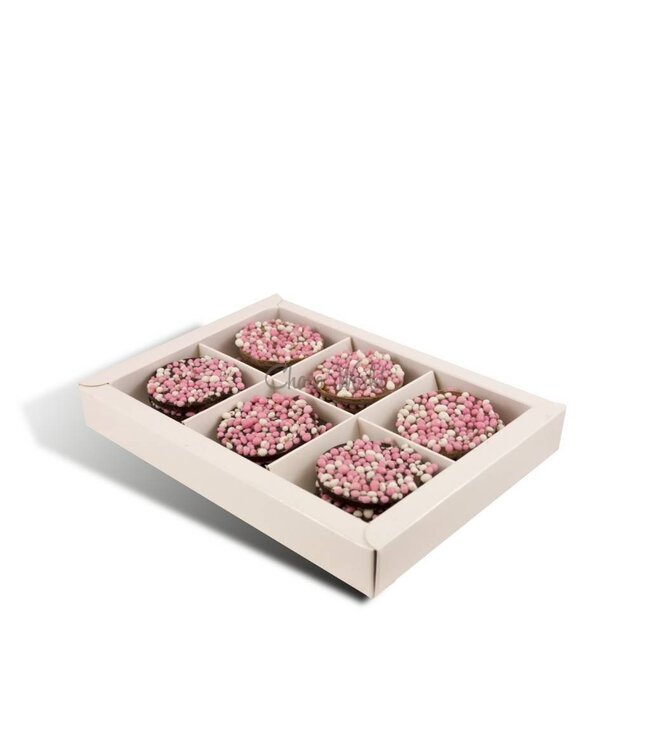 Chocolade geboorte flikken met roze muisjes