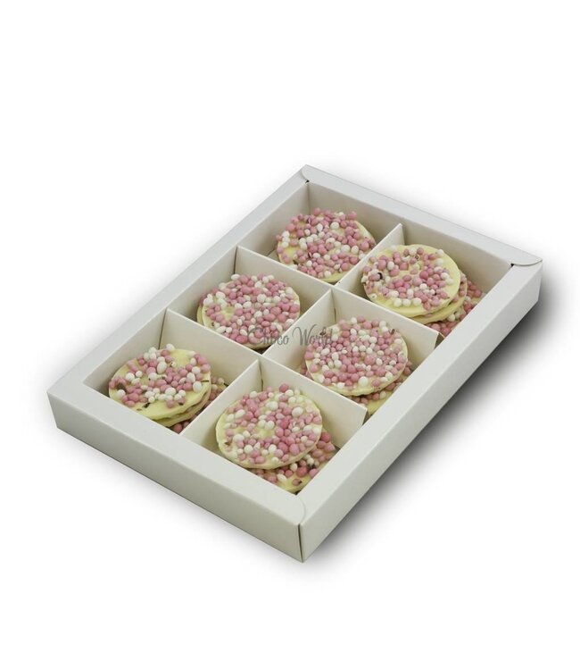 Chocolade geboorte flikken met roze muisjes