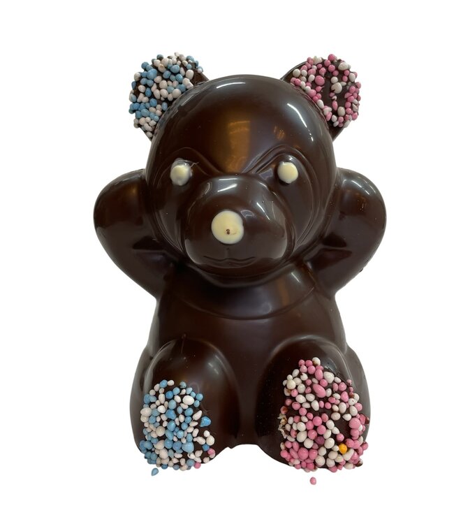 Chocolade beer met roze en blauwe muisjes
