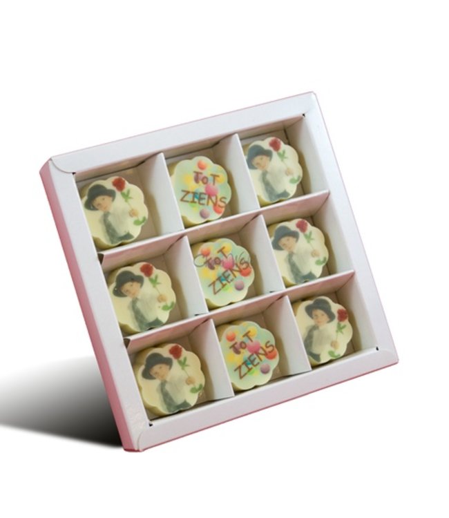 Chocolade bonbons wit met foto logo 9 stuks