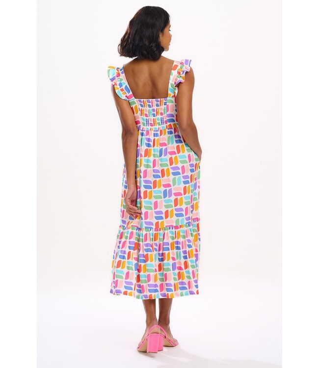 estelle shirred midi sundress - curved geometric