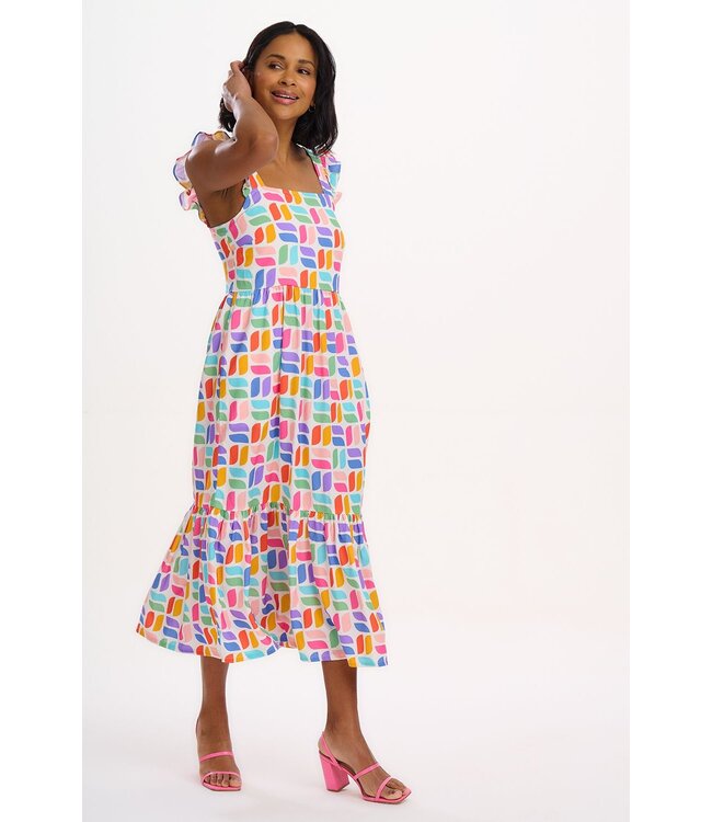 estelle shirred midi sundress - curved geometric