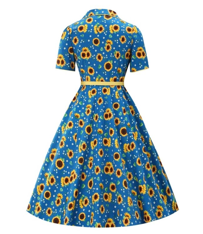 Penelope II Blue Rockabilly Sunflower Print Shirt Dress