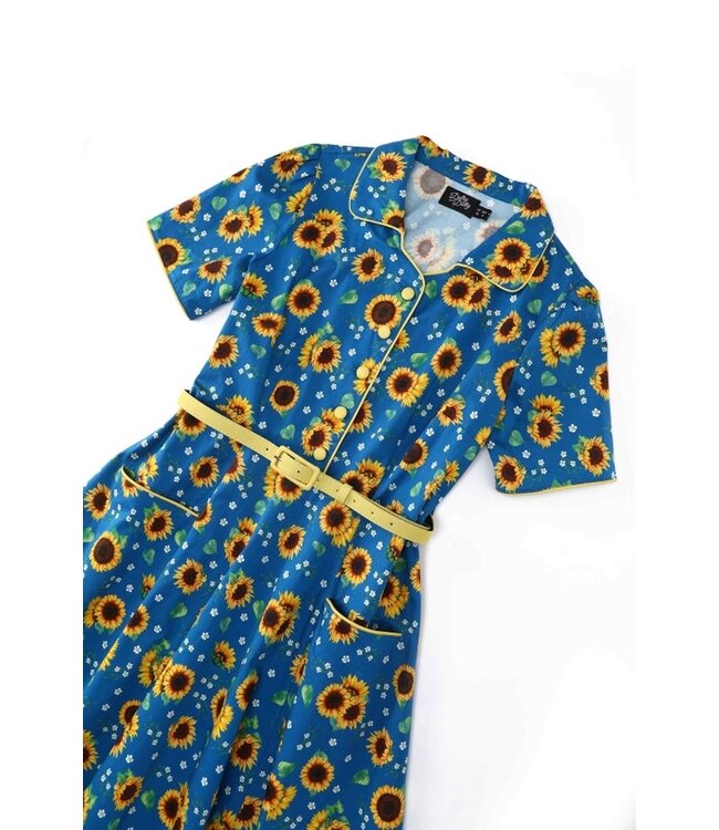 Penelope II Blue Rockabilly Sunflower Print Shirt Dress
