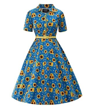 Dolly & Dotty Penelope II Blue Rockabilly Sunflower Print Shirt Dress