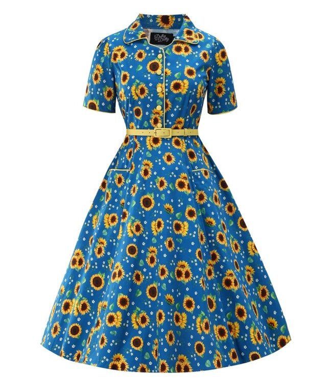 Penelope II Blue Rockabilly Sunflower Print Shirt Dress