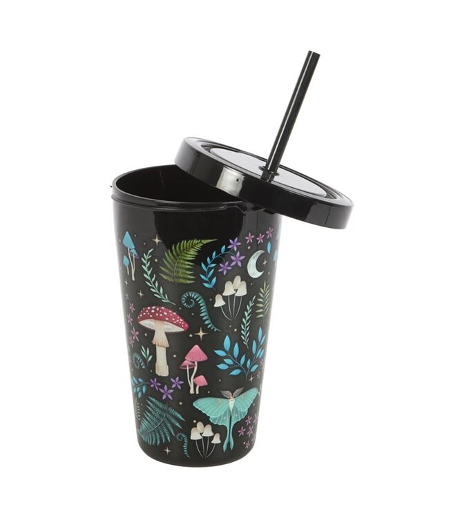 Dark forest print plastic cup with straw