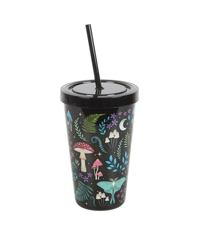 Dark forest print plastic cup with straw
