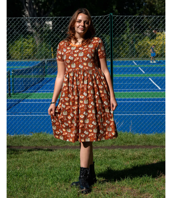 Mushroom Tea Party Midi Stretch Smock Dress