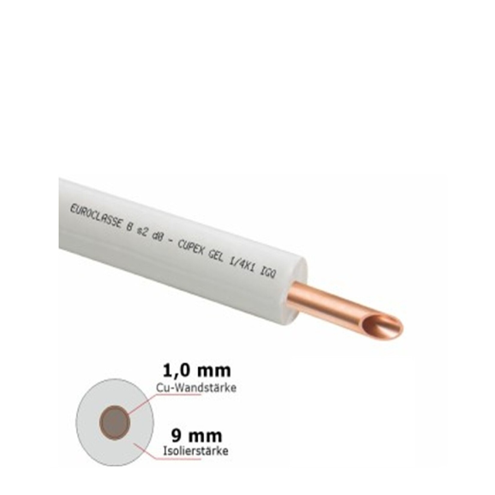 Vorisoliertes Kupferrohr 1,0 mm Wandstärke, Zöllige Ausführung