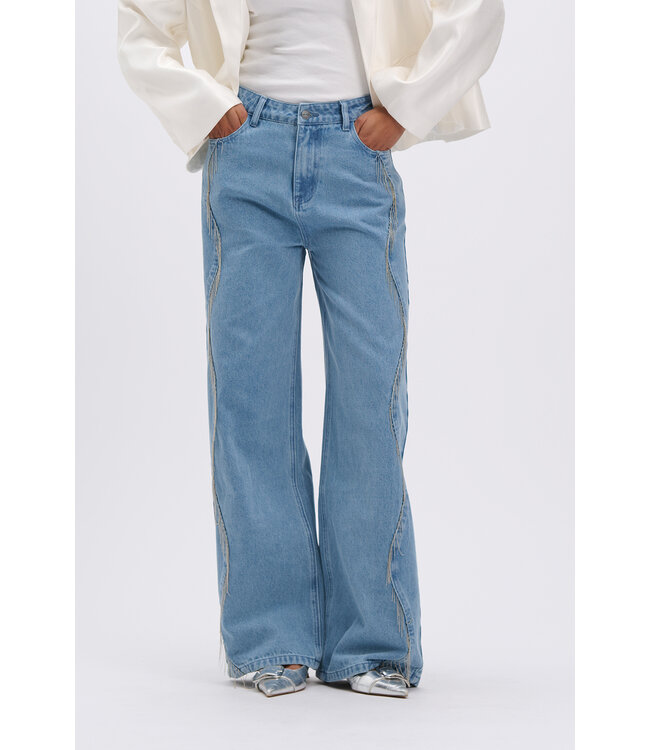 Refined Department R2603171931 ladies woven relaxed fringes denim pants PAYTON
