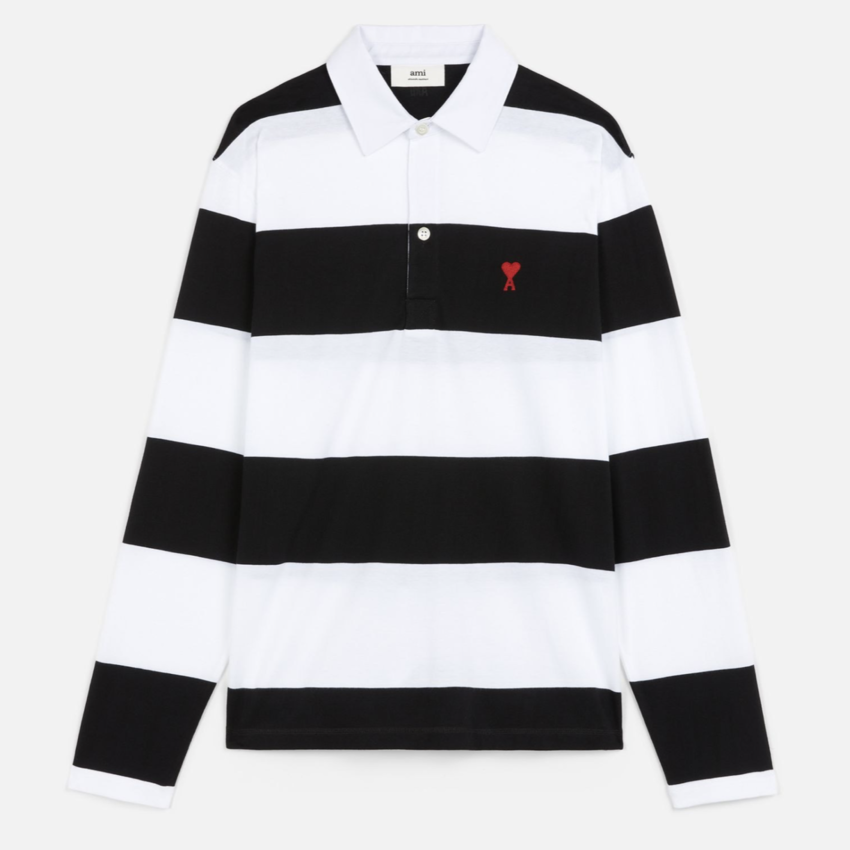AMI Striped Polo Shirt Black White - UPTOWN