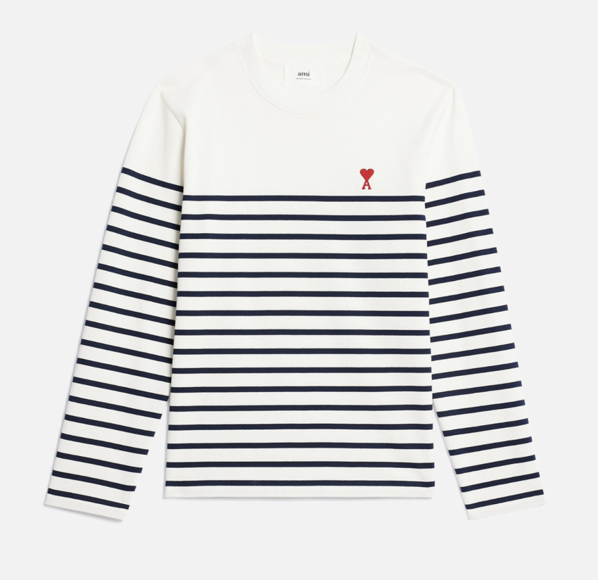 AMI Paris AMI Long Sleeve Small A Heart Mariniere Tee White / Nautic Blue
