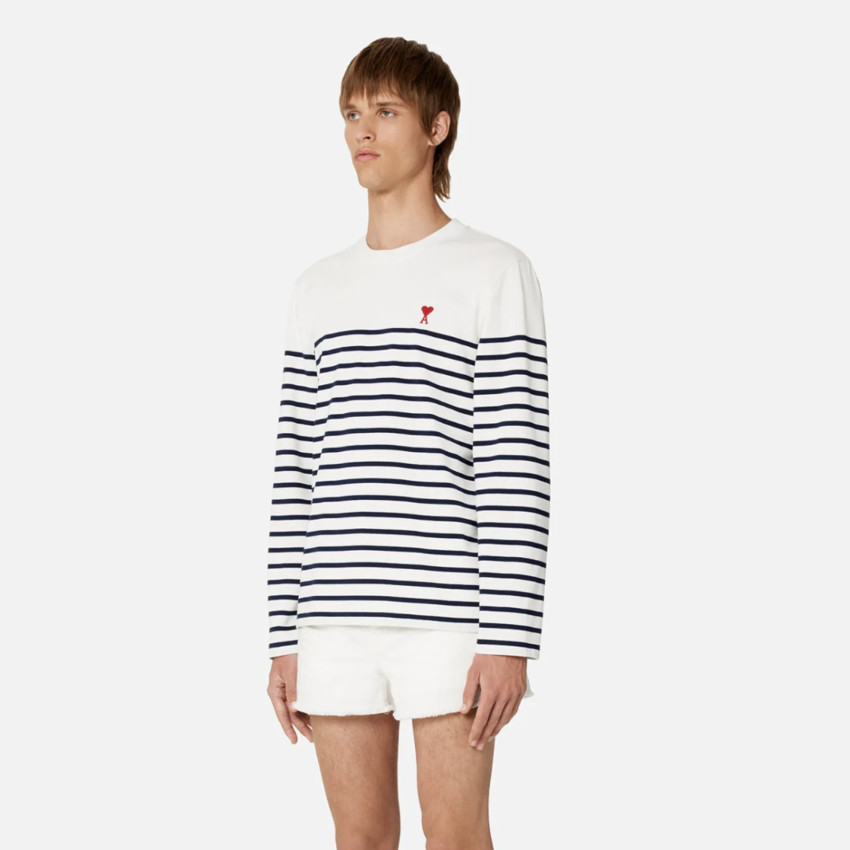 AMI Long Sleeve Small A Heart Mariniere Tee White / Nautic Blue