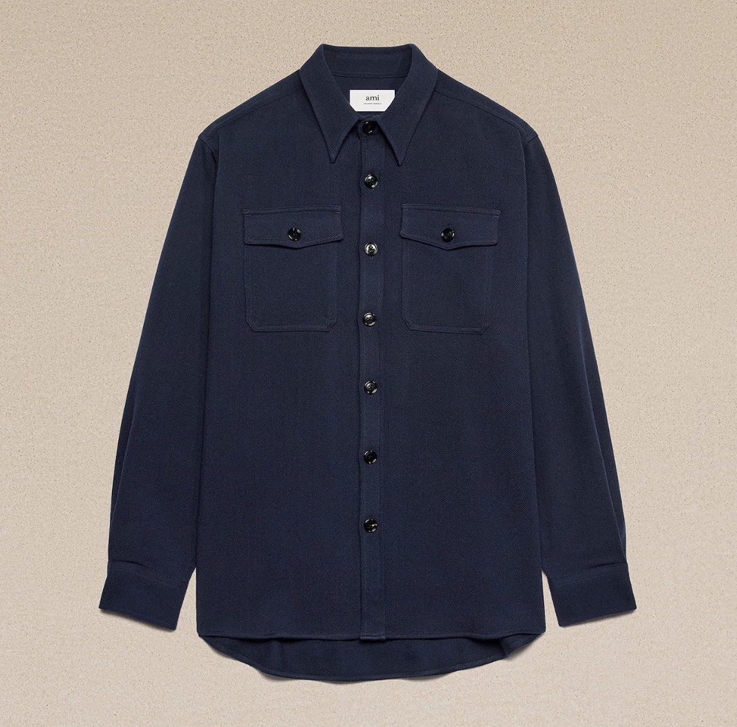 トップス RESISTED YARN DYED WOOL GABARDINE SHIRT AMI Overshirt Wool Gabardine Navy - UPTOWN