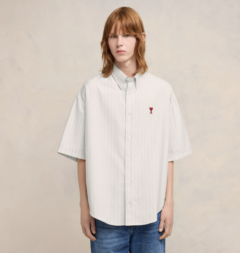 AMI Paris AMI Boxy Fit Striped Short Sleeve Shirt Chalk/ Cashmere