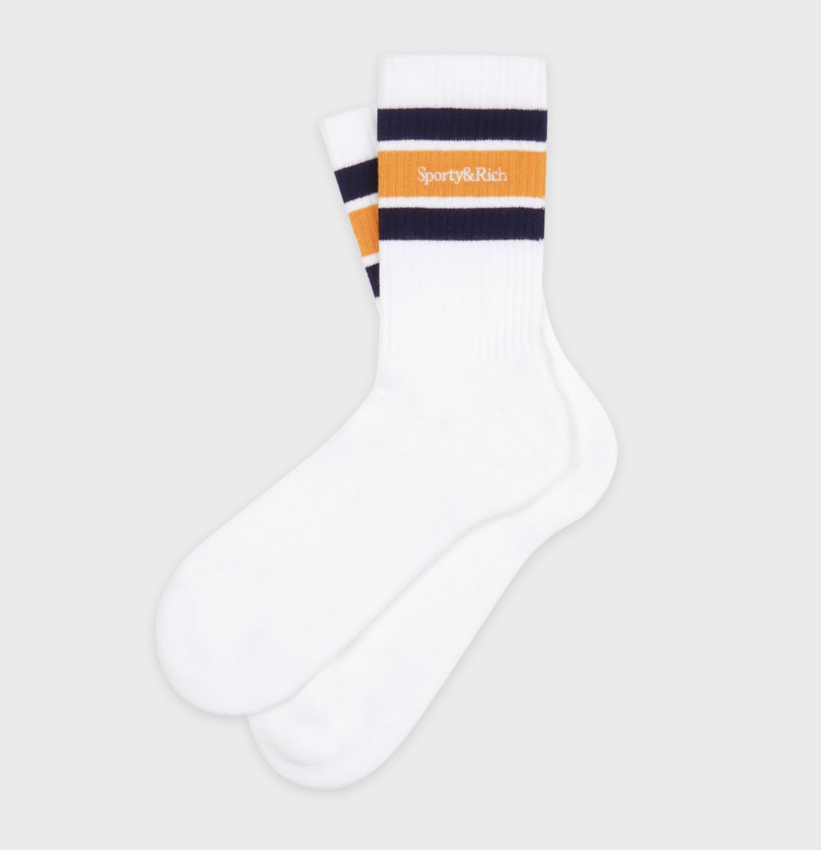 Sporty & Rich Serif Logo Embroidered Socks White/Navy/Faded Gold