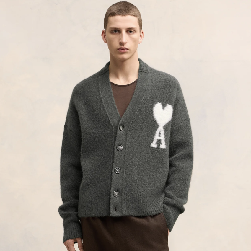 AMI Off-White Ami De Coeur Cardigan Dark Grey - UPTOWN
