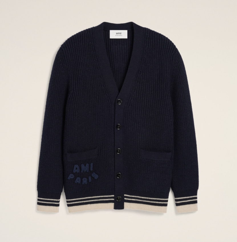 AMI Paris AMI Wool Ribbed Sweater Cardigan Navy Blue