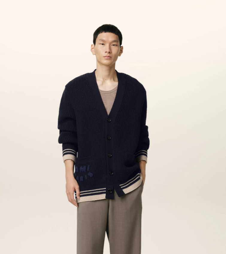 AMI Paris AMI Wool Ribbed Sweater Cardigan Navy Blue
