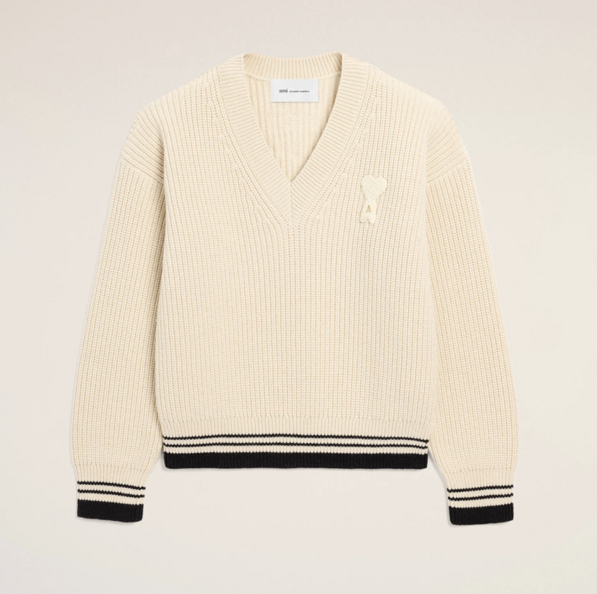 AMI Paris Ribbed Wool V Neck Ami De Coeur Sweater White Cream