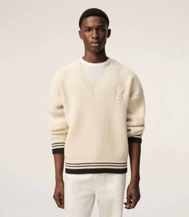 AMI Paris Ribbed Wool V Neck Ami De Coeur Sweater White Cream