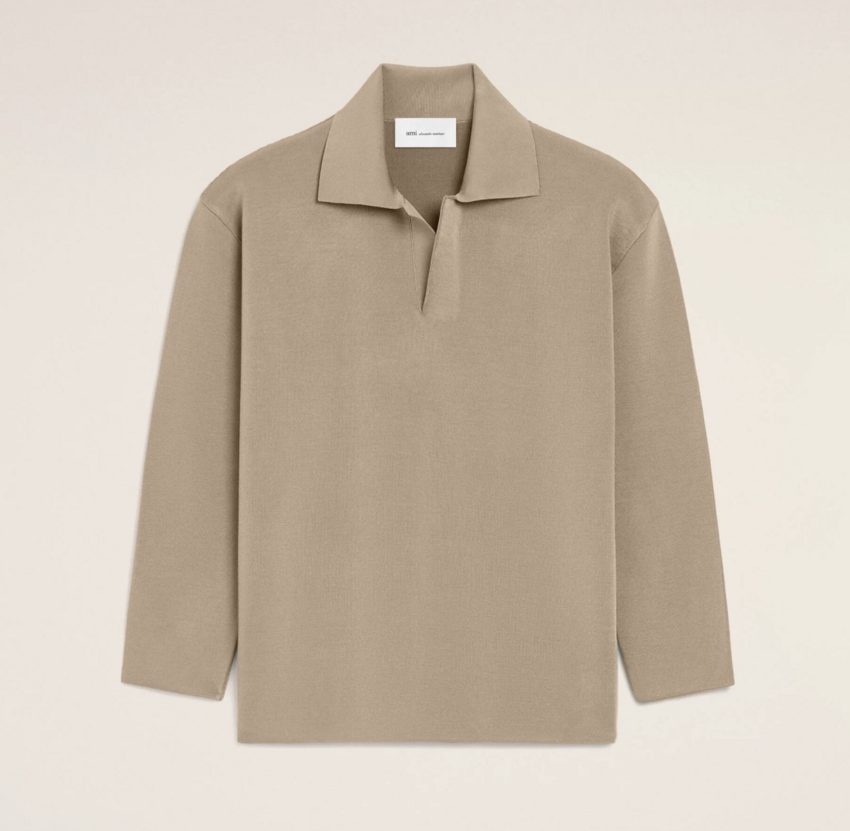 AMI Paris Wool Long Sleeves Polo Taupe Grey