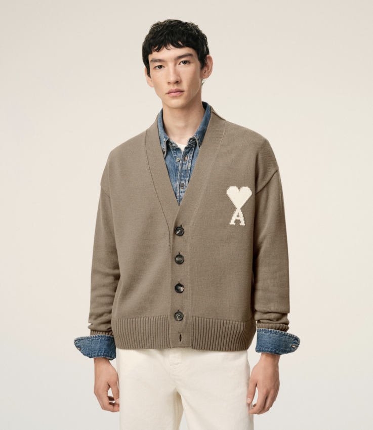 AMI Paris Wool Cardigan With Contrasted Ami De Coeur Taupe Beige/Off White