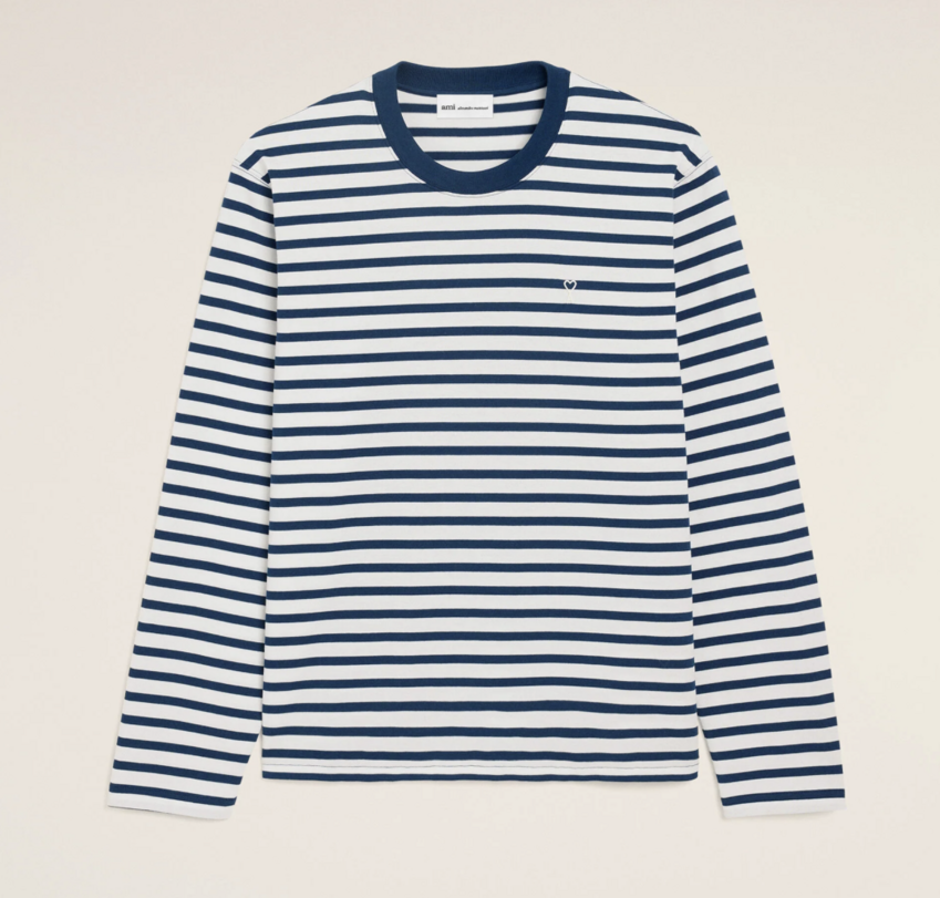 AMI Paris Long Sleeves Mariniere Ami De Coeur T-Shirt Ink/White