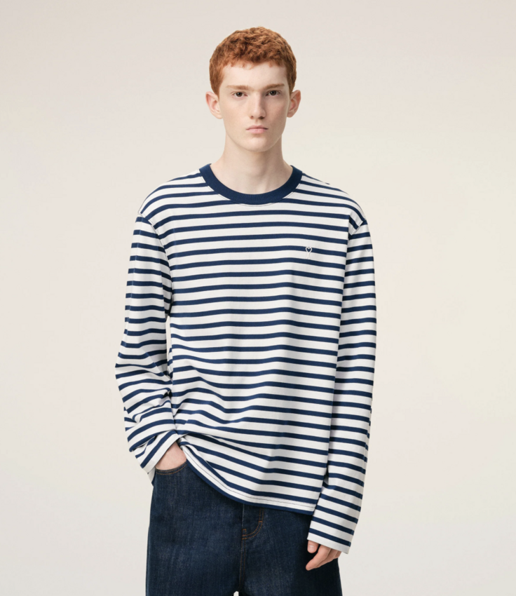 AMI Paris Long Sleeves Mariniere Ami De Coeur T-Shirt Ink/White