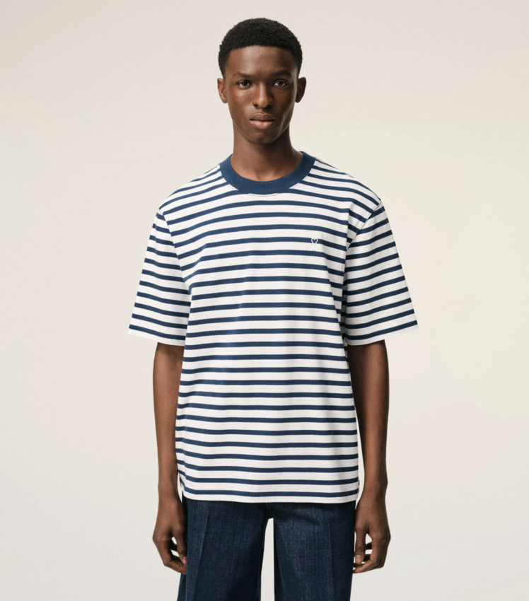 AMI Paris Boxy Fit Mariniere Ami De Coeur T-Shirt Ink/White