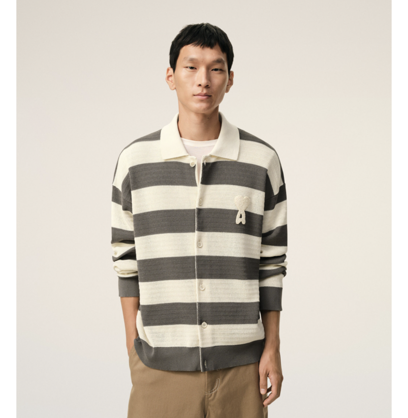 AMI Paris Shirt Collar Cardigan Ami De Coeur Patch White Cream/Carbon